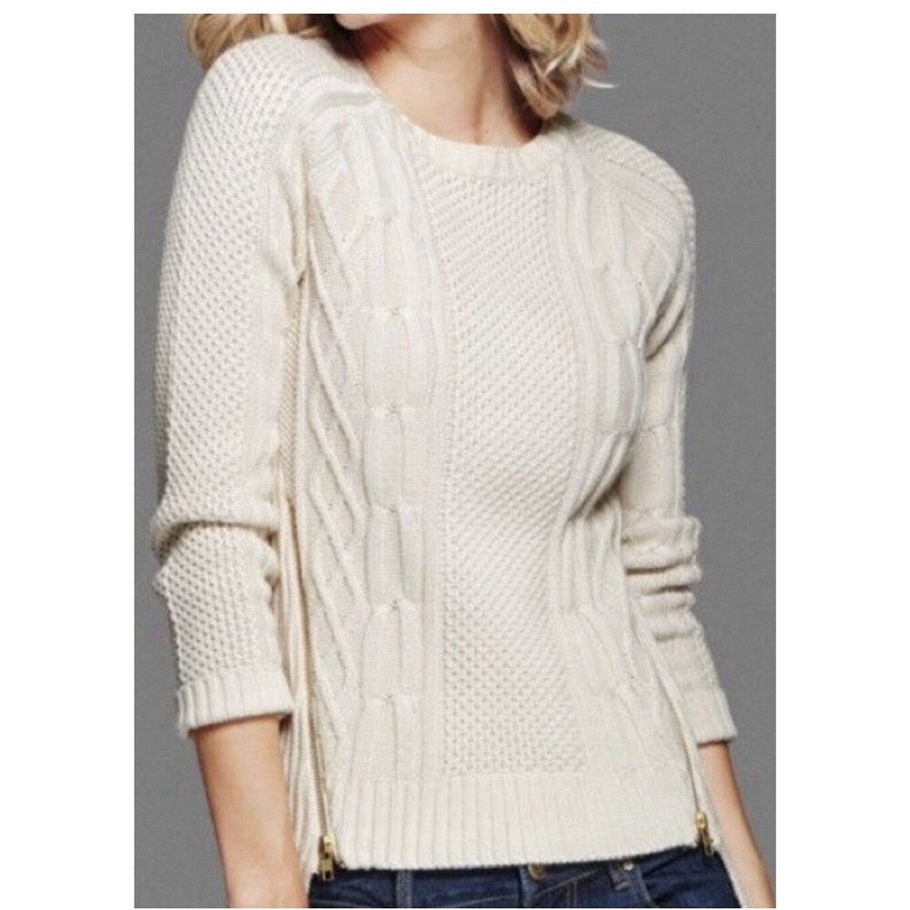 Cabi Size Medium Sweater Cream Cotton Chunky Cable Knit Crop Fisherman Nautical